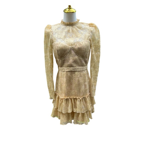 Saylor Dress Adria Gold Ruffled Lace Long Sleeve Mini Medium Cocktail Formal EC - Picture 2 of 9